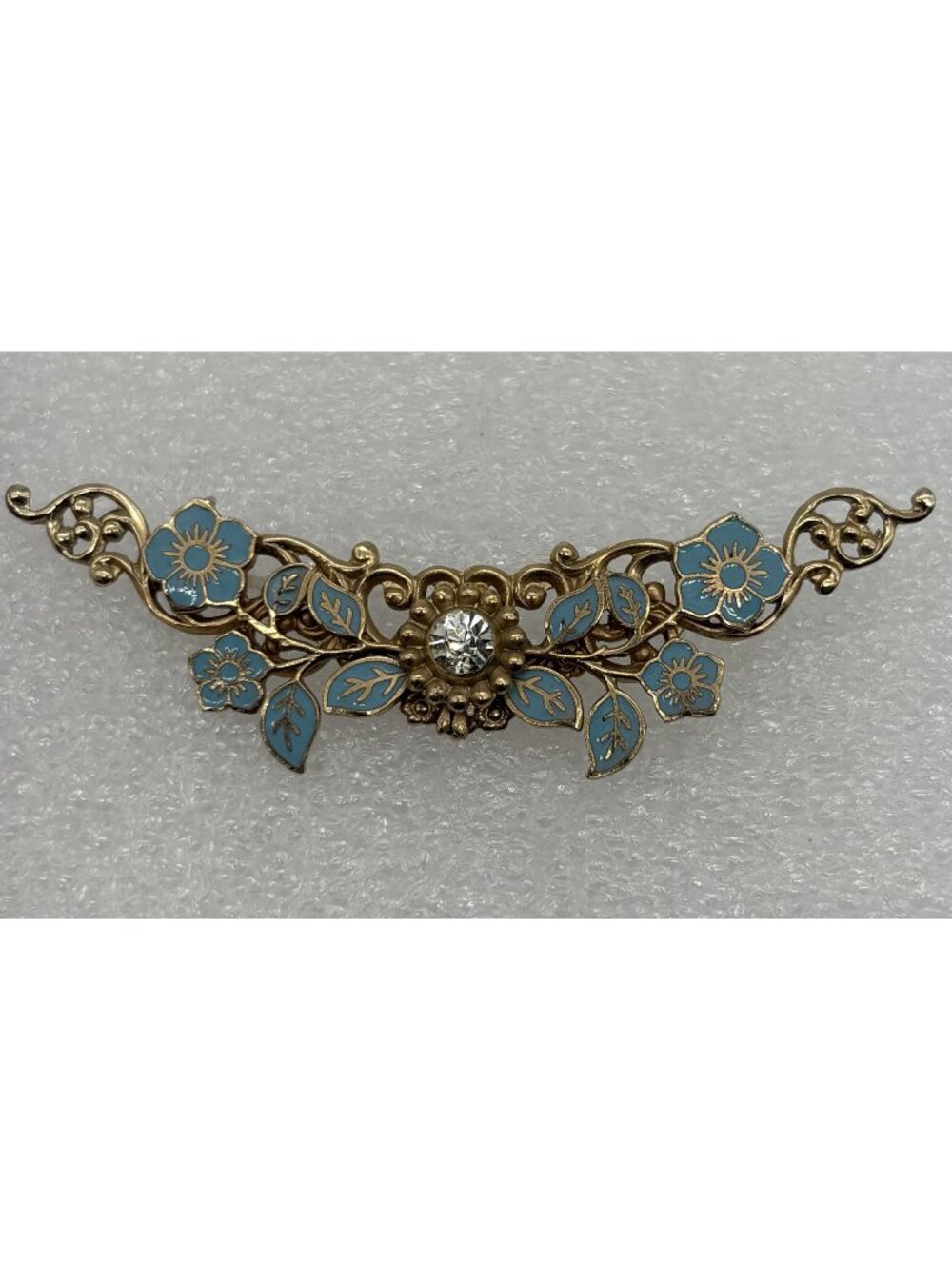 Vintage Blue Enamel and Gold Tone Bar Brooch Pin With Rhinestone Center Unsigned